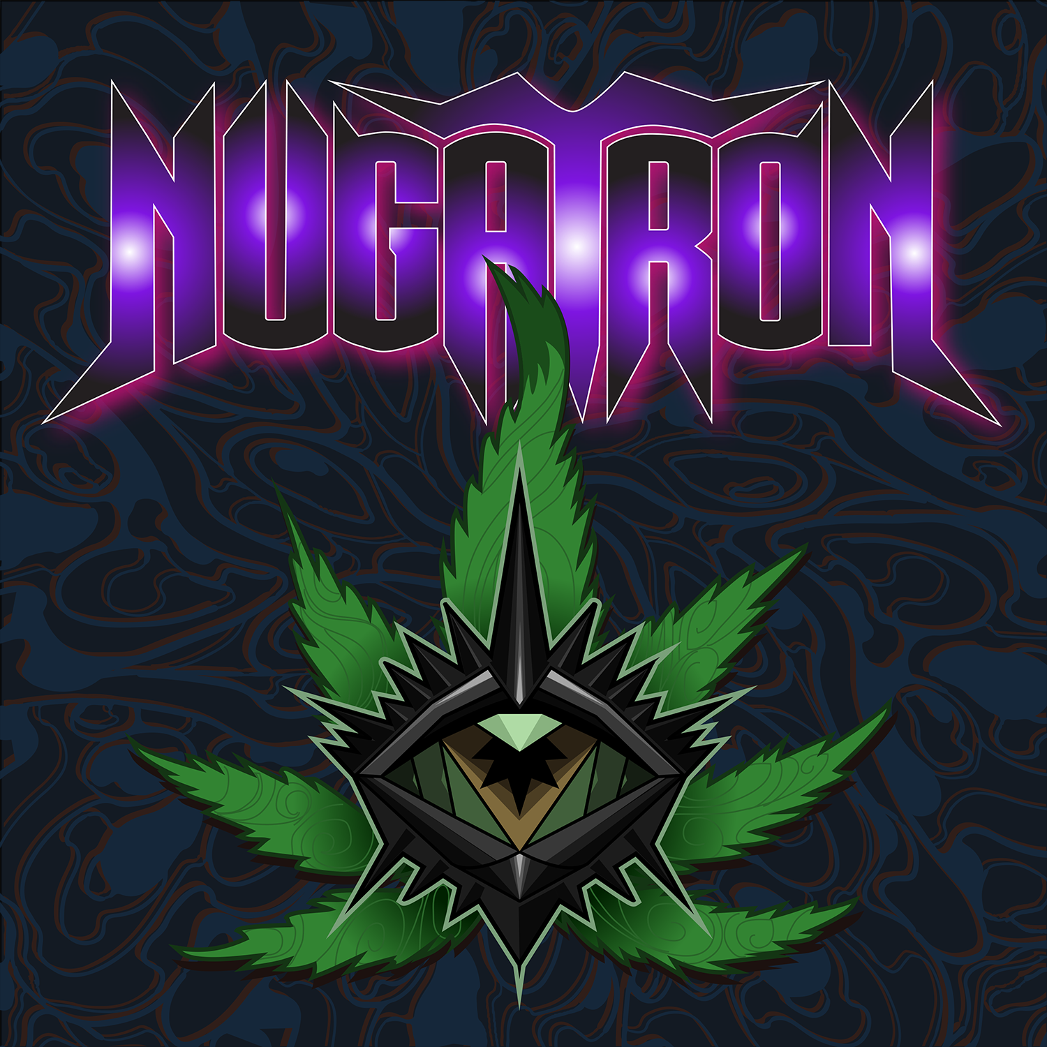 Nugatron logo with purple lettering above a green and black illustrated emblem.